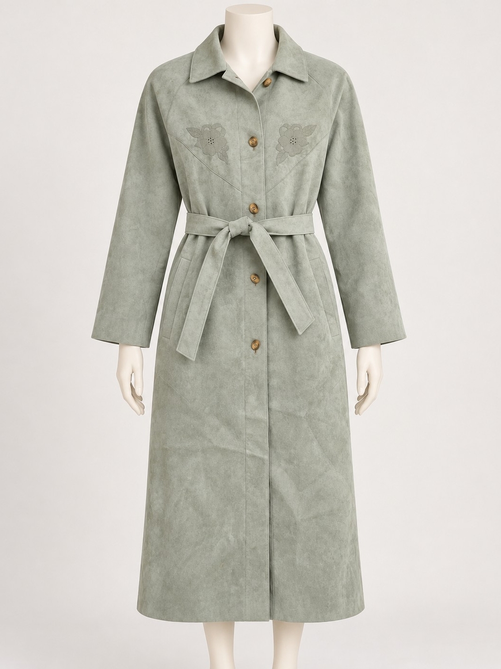 Vintage Westhoff Modell Sage Faux Suede Embroidered Belted Long Coat XL